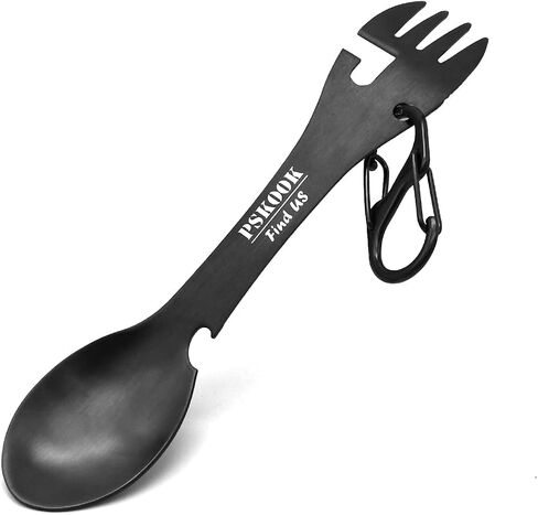 PSKOOK 5-in-1 Utility Tactical Spork, Stainless Steel Spoon & Bottle Opener, Fork & Knife, Can Opener Combo Camping Utensil for Hiking, Camping or Backpacking (Black) in Kuwait