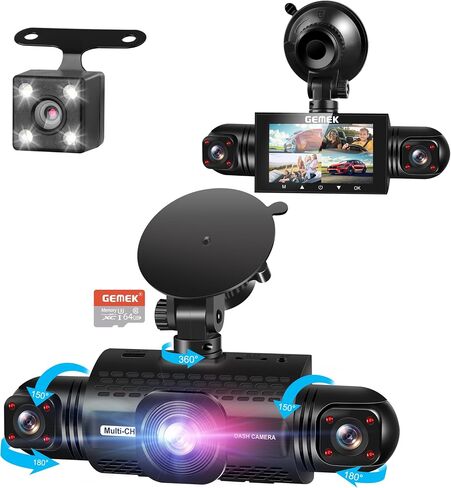 360 Degree View 4 Channel Dash Cam 5G WiFi & App Control, GEMEK 2K Front and Rear Inside, Left and Right Dash Camera for Cars, Free 64GB TF Card, G-Sensor, Night Vision, 24 Hour Parking in Kuwait