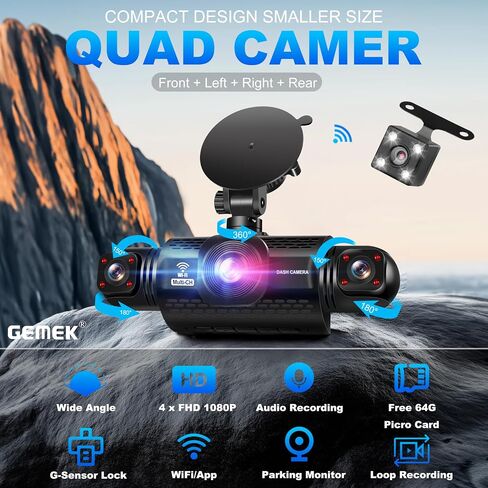 360 Degree View 4 Channel Dash Cam 5G WiFi & App Control, GEMEK 2K Front and Rear Inside, Left and Right Dash Camera for Cars, Free 64GB TF Card, G-Sensor, Night Vision, 24 Hour Parking in Kuwait