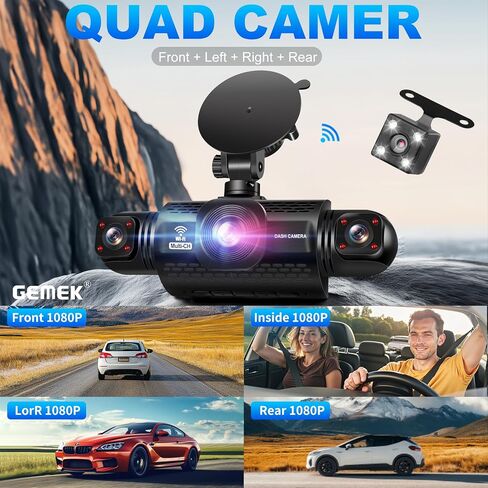 360 Degree View 4 Channel Dash Cam 5G WiFi & App Control, GEMEK 2K Front and Rear Inside, Left and Right Dash Camera for Cars, Free 64GB TF Card, G-Sensor, Night Vision, 24 Hour Parking in Kuwait