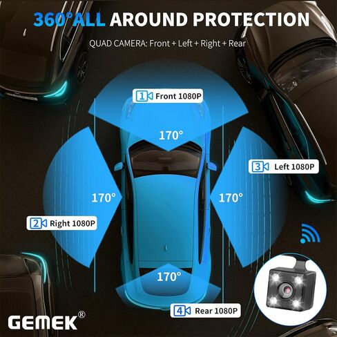 360 Degree View 4 Channel Dash Cam 5G WiFi & App Control, GEMEK 2K Front and Rear Inside, Left and Right Dash Camera for Cars, Free 64GB TF Card, G-Sensor, Night Vision, 24 Hour Parking in Kuwait