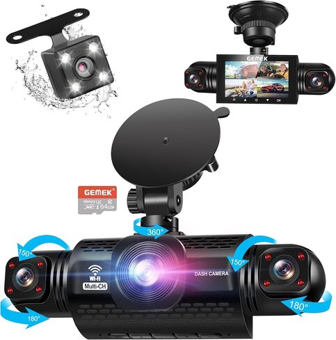 360 Degree View 4 Channel Dash Cam 5G WiFi & App Control, GEMEK 2K Front and Rear Inside, Left and Right Dash Camera for Cars, Free 64GB TF Card, G-Sensor, Night Vision, 24 Hour Parking in Kuwait