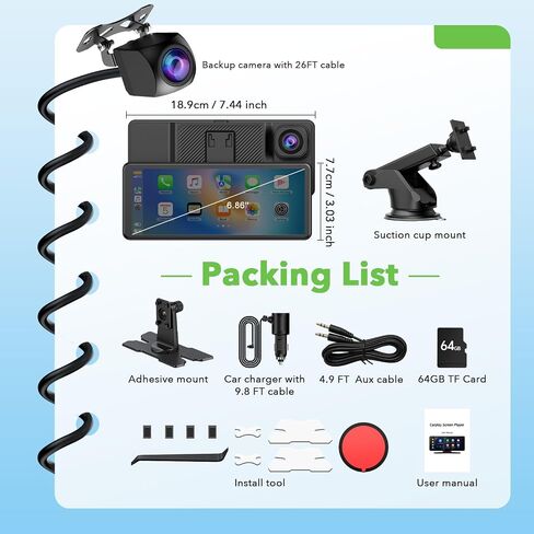 TOGUARDGO 6.86" CarPlay Screen with Dual Dash Cam 2.5K Front 1080P Rear in Kuwait