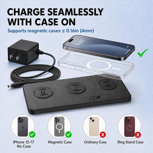 3 in 1 Magnetic Wireless Charger Pad for iPhone 17/16/15/14/13/12 Series, Fast Wireless Charging Station for AirPods 4/3/2 Pro, Raised Charging Pods Design, Magnetic Charging Mat with 24W Adapter in Kuwait