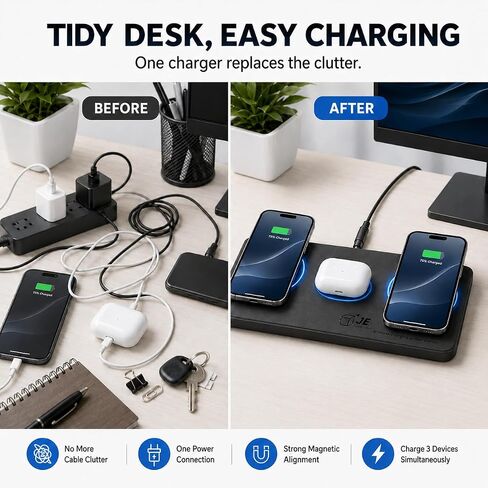 3 in 1 Magnetic Wireless Charger Pad for iPhone 17/16/15/14/13/12 Series, Fast Wireless Charging Station for AirPods 4/3/2 Pro, Raised Charging Pods Design, Magnetic Charging Mat with 24W Adapter in Kuwait