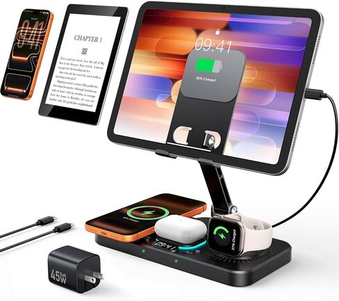 45W 6 in 1 Charging Station for Apple Multiple Devices with Clock & Light, 20W Fast Foldable Wired Charging Stand for iPad/Tab, Wireless Charger Design for MagSafe Charger for iPhone 17/iWatch/Airpods in Saudi Arabia