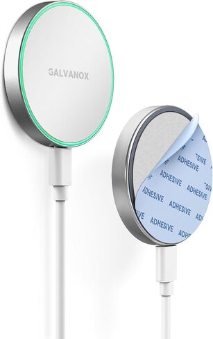 Galvanox Compatible with MagSafe Wall Mounted Magnetic Wireless Charger (15W) Fast Charging, Stick-on Adhesive Design with Long Removable USB-C Cable (10Ft) White in Kuwait