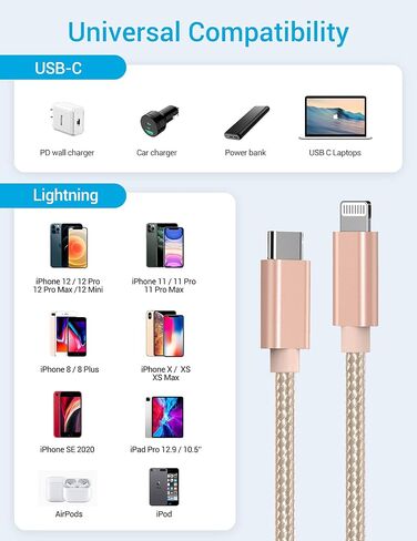Marchpower USB C to Lightning Cable - MFi Certified iPhone 14 Fast Charger Cord 3/6/10ft Type C to Charging Cable Compatible with iPhone 14 13 12 Pro Max Mini 11 X XS XR 8 Plus -Gold in Kuwait