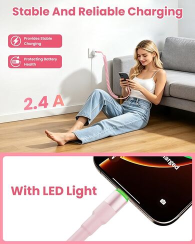 6.6ft Coiled iPhone Charger Cord, MFi Certified Fast Charging Coiled Lightning Cable with LED Light, USB to Lightning Charging Cable for iPhone 14/13/12/11/XS/X/8/7/iPad/CarPlay-Pink in Kuwait