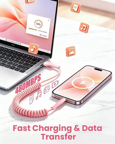6.6ft Coiled iPhone Charger Cord, MFi Certified Fast Charging Coiled Lightning Cable with LED Light, USB to Lightning Charging Cable for iPhone 14/13/12/11/XS/X/8/7/iPad/CarPlay-Pink in Kuwait