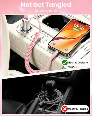 6.6ft Coiled iPhone Charger Cord, MFi Certified Fast Charging Coiled Lightning Cable with LED Light, USB to Lightning Charging Cable for iPhone 14/13/12/11/XS/X/8/7/iPad/CarPlay-Pink in Kuwait