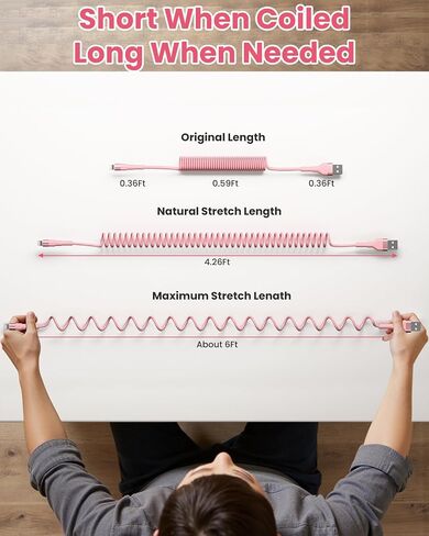 6.6ft Coiled iPhone Charger Cord, MFi Certified Fast Charging Coiled Lightning Cable with LED Light, USB to Lightning Charging Cable for iPhone 14/13/12/11/XS/X/8/7/iPad/CarPlay-Pink in Kuwait