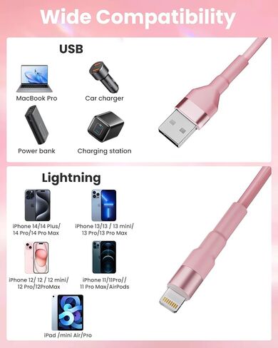 6.6ft Coiled iPhone Charger Cord, MFi Certified Fast Charging Coiled Lightning Cable with LED Light, USB to Lightning Charging Cable for iPhone 14/13/12/11/XS/X/8/7/iPad/CarPlay-Pink in Kuwait