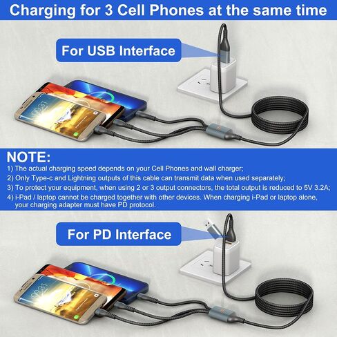 100W USB C Multi Charging Cable 10FT, 5A USB A/C to 3 in 1 Fast Charging Cable with Lightning/Type C/Micro USB, Nylon Braided Universal Charger Cord for iPhone, Samsung, Laptop, Tablet in Kuwait