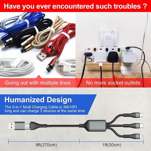 100W USB C Multi Charging Cable 10FT, 5A USB A/C to 3 in 1 Fast Charging Cable with Lightning/Type C/Micro USB, Nylon Braided Universal Charger Cord for iPhone, Samsung, Laptop, Tablet in Kuwait