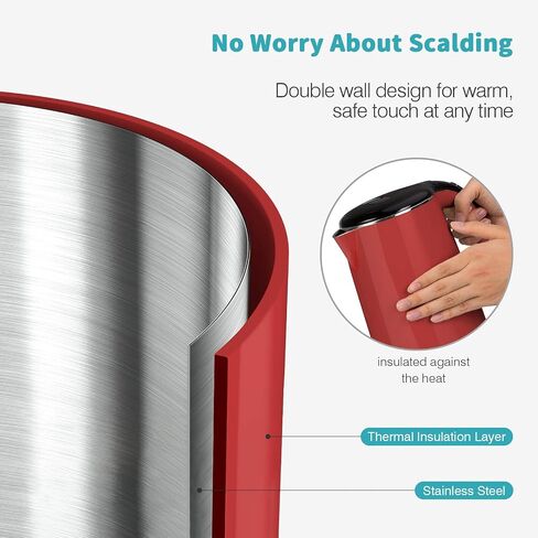 Secura Original Stainless Steel Double Wall Electric Water Kettle 1.8 Quart with Auto Shut-Off & Boil-Dry Protection, Red SWK-1701DR/HB-3227B in Kuwait