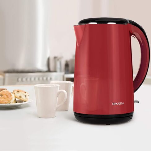 Secura Original Stainless Steel Double Wall Electric Water Kettle 1.8 Quart with Auto Shut-Off & Boil-Dry Protection, Red SWK-1701DR/HB-3227B in Kuwait