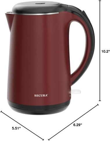Secura Original Stainless Steel Double Wall Electric Water Kettle 1.8 Quart with Auto Shut-Off & Boil-Dry Protection, Red SWK-1701DR/HB-3227B in Kuwait