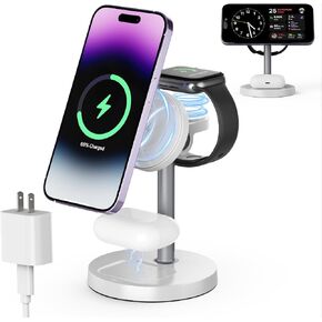 3 in 1 Wireless Charging Station Compatible with MagSafe, 15W Fast Charging Magnetic Mag-Safe Charger Stand for Apple iPhone 17 16 15 14 13 12Series Apple Watch AirPods Pro 4 3 2, Gifts for Men Women in Kuwait