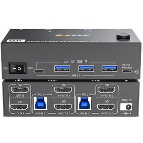 HDMI Displayport KVM Switch 2 Monitors 2 Computers | 8K@60Hz 4K@144Hz Dual Monitor KVM Switch with 4 USB 3.0 Port for Keyboard Mouse Printer, with Wired Remote, Power Adapter and USB Cables in Kuwait