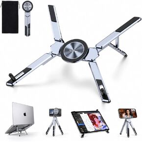 4-in-1 Adjustable Laptop Stand for desk with Magnetic Phone Holder & Camera Tripod, Foldable Aluminum Stand for Laptop, Tablet, Camera, Portable Ergonomic Desk Setup for Travel & Remote Work(Gun Gray) in Saudi Arabia
