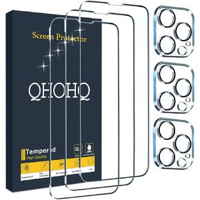 QHOHQ 3 Pack Screen Protector for iPhone 13 Pro Max 6.7" with 3 Pack Tempered Glass Camera Lens Protector, Ultra HD, 9H Hardness, Scratch Resistant, Easy Install - Case Friendly in Saudi Arabia