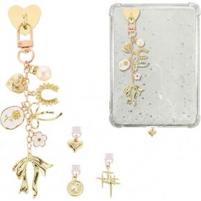 HOYDATE Gold Kindle Charm Chain with 3pcs Type-C Dust Plugs - Cute Bowknot & Heart E-Reader Decorating Accessories, Stylish Phone Charm Bracelet for Book Lovers & Women, Compatible with Kindle in Kuwait
