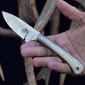 Knives Ranch Handmade EDC Hunting Knife – 7" Full Tang Damascus Steel Fixed Blade with Bone Handle – Horizontal Carry Cowboy Leather Sheath – Everyday Carry, Skinning and Bushcrafts in Saudi Arabia