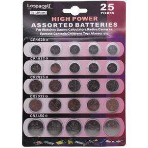Loopacell High Power Button Cell 3V Lithium Assorted Battery CR2032 CR2025 CR2450 CR1620 CR1632, 25 Piece Set in Kuwait