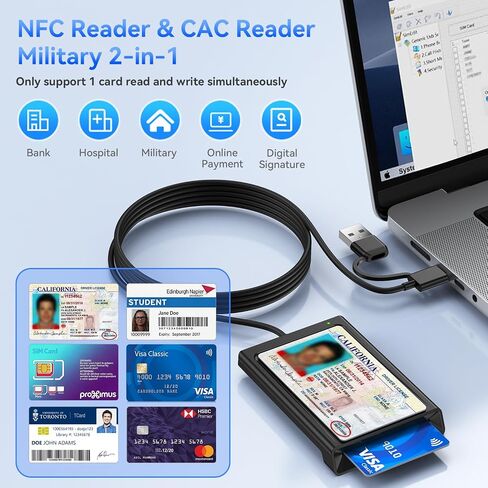 [2-in-1 Dual Tech] NFC Reader Writer & CAC Card Reader, USB-A + USB-C Military DOD PIV ID Contact and Contactless Smart Card Reader for Windows, Mac, Linux, Android in Kuwait
