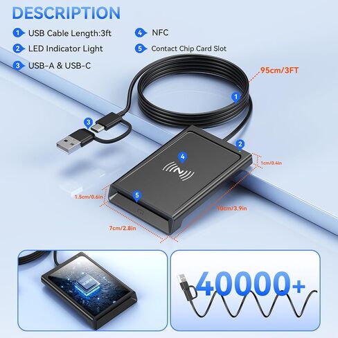 [2-in-1 Dual Tech] NFC Reader Writer & CAC Card Reader, USB-A + USB-C Military DOD PIV ID Contact and Contactless Smart Card Reader for Windows, Mac, Linux, Android in Kuwait