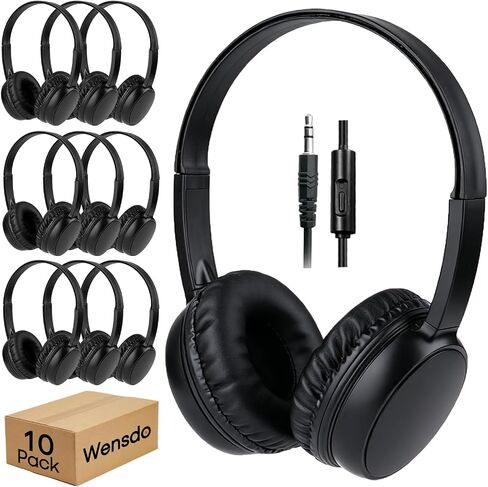 10 Pack Bulk Headphones with Mic for School Classroom Kids, Wholesale Durable Wired On-Ear Headset for Students Teens, 3.5mm Jack for Chromebook Laptop Computer (HY30, 10Black) in Kuwait