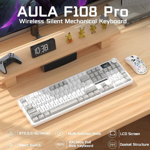 AULA F108 PRO Wireless Mechanical Keyboard with Screen & Knob, Full Size Keyboard with Silent Switch, Tri-Mode BT5.0/2.4GHz/USB-C, Pre-lubed Switches, RGB Backlit Hot Swappable Custom Gaming Keyboards in Kuwait