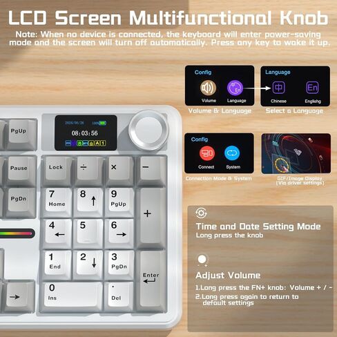 AULA F108 PRO Wireless Mechanical Keyboard with Screen & Knob, Full Size Keyboard with Silent Switch, Tri-Mode BT5.0/2.4GHz/USB-C, Pre-lubed Switches, RGB Backlit Hot Swappable Custom Gaming Keyboards in Kuwait