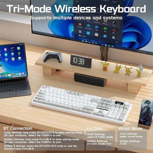 AULA F108 PRO Wireless Mechanical Keyboard with Screen & Knob, Full Size Keyboard with Silent Switch, Tri-Mode BT5.0/2.4GHz/USB-C, Pre-lubed Switches, RGB Backlit Hot Swappable Custom Gaming Keyboards in Kuwait