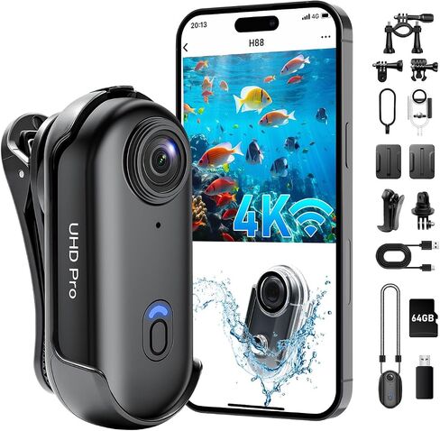 4K Action Camera, Wearable Body Camera with 64GB, Hands-Free Recording WiFi POV Camera with Waterproof Case, Back clip, Thumb Size Sports Cam Portable Camcorder for Cycling, Hiking, Fishing, Vlogging in Kuwait