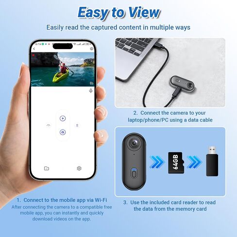 4K Action Camera, Wearable Body Camera with 64GB, Hands-Free Recording WiFi POV Camera with Waterproof Case, Back clip, Thumb Size Sports Cam Portable Camcorder for Cycling, Hiking, Fishing, Vlogging in Kuwait