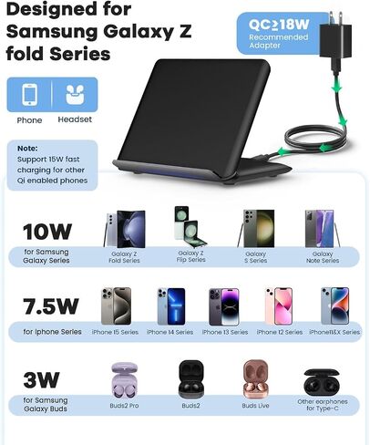 Wireless Charging for Samsung Galaxy Z Fold Series, 2-in-1, 15W Fast Wireless for Galaxy Z Fold 7/6/5/4/3, S24/S23/S22,Note20 Ultra, Galaxy Buds3/2 Pro/2/Live, Black (PD Adapter Included) in Kuwait