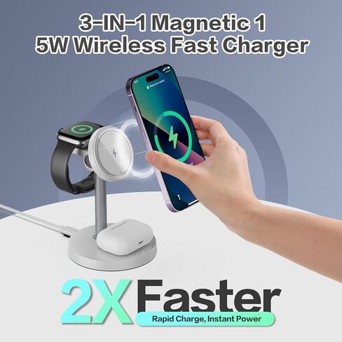 3 in 1 Wireless Charging Station Compatible with MagSafe, 15W Fast Charging Magnetic Mag-Safe Charger Stand for Apple iPhone 17 16 15 14 13 12Series Apple Watch AirPods Pro 4 3 2, Gifts for Men Women in Kuwait