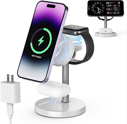 3 in 1 Wireless Charging Station Compatible with MagSafe, 15W Fast Charging Magnetic Mag-Safe Charger Stand for Apple iPhone 17 16 15 14 13 12Series Apple Watch AirPods Pro 4 3 2, Gifts for Men Women in Kuwait