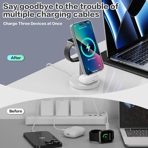 3 in 1 Wireless Charging Station Compatible with MagSafe, 15W Fast Charging Magnetic Mag-Safe Charger Stand for Apple iPhone 17 16 15 14 13 12Series Apple Watch AirPods Pro 4 3 2, Gifts for Men Women in Kuwait