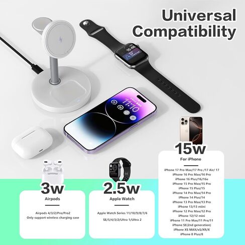 3 in 1 Wireless Charging Station Compatible with MagSafe, 15W Fast Charging Magnetic Mag-Safe Charger Stand for Apple iPhone 17 16 15 14 13 12Series Apple Watch AirPods Pro 4 3 2, Gifts for Men Women in Kuwait