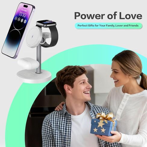 3 in 1 Wireless Charging Station Compatible with MagSafe, 15W Fast Charging Magnetic Mag-Safe Charger Stand for Apple iPhone 17 16 15 14 13 12Series Apple Watch AirPods Pro 4 3 2, Gifts for Men Women in Kuwait