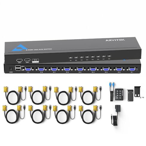 8 Port VGA KVM Switch 1U Rack Mount, Control 8 Computers with One Monitor Keyboard and Mouse, VGA USB KVM Switch with 4 USB 2.0 Ports, Desktop Controller, Includes 8 KVM Cables & Rack Ears in Kuwait