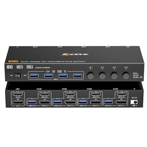 4 Port HDMI Displayport KVM Switch 4 Computers 2 Monitors, 8K@60Hz/4K@144Hz Dual Monitor KVM Switch Share 4 USB 3.0 Devices, Mirror/Extended Mode, with Wired Remote and Power Adapter in Kuwait