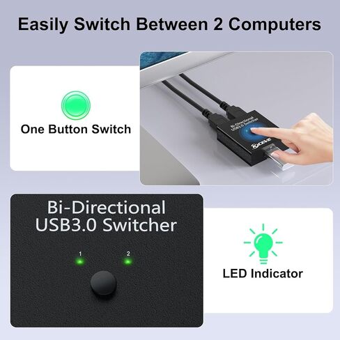 USB 3.0 Switch, Bi-Directional USB Switch 2 in 1 Out / 1 in 2 Out, USB3.0 Switcher Selector for 2 Computers Share Keyboard Mouse Scanner Printer,USB Cable not Included in Kuwait