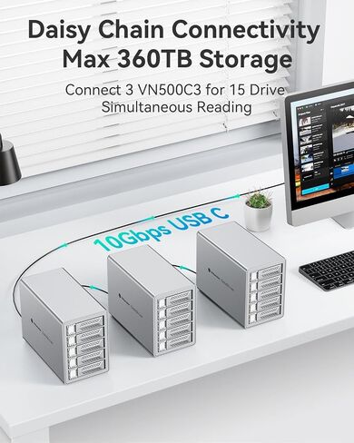 Yottamaster 5 Bay Hard Drive Enclosure USB C, 10Gbps Daisy-Chain 5 Bay DAS, Aluminum USB C DAS Enclosure Support 120TB (5x24TB), Max Up to 360TB for 2.5" & 3.5" SATA HDD/SSD (Diskless) VN500C3 in Kuwait