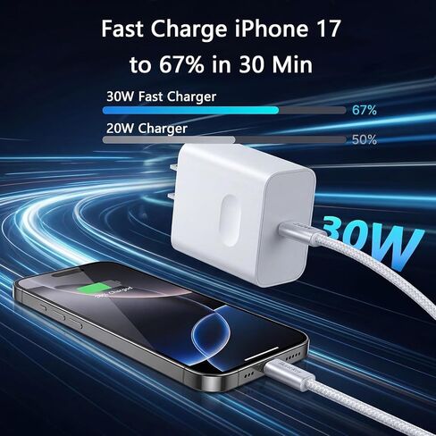 Type C Charger Fast Charging, 30W USB C Fast Charger with Fast Charging Cord Type C for iPhone 17 16 15 14 Pro Max/Pro/Air/Plus (6.6FT) in Kuwait