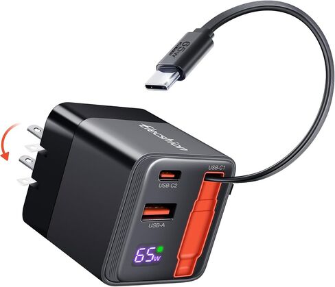 65W Retractable Wall Charger, USB C Charger Block Built-in Type C Cable in Kuwait