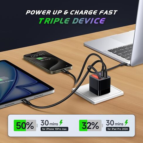 65W Retractable Wall Charger, USB C Charger Block Built-in Type C Cable in Kuwait
